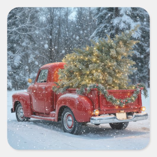 Rode retro truck met kerstboom in sneeuwvlokken vierkante sticker (Voorkant)