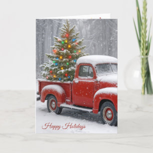 Rode retro truck met kerstboom kaart