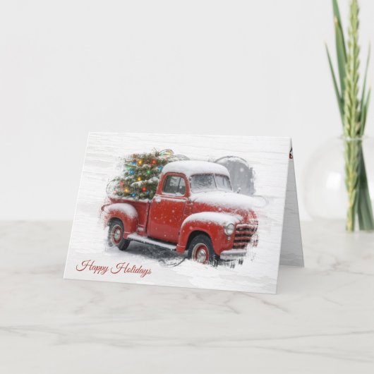 Rode retro truck met kerstboom kaart (Voorkant)