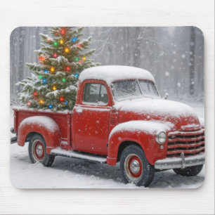 Rode Retro Truck Met Kerstboom Muismat