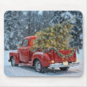 Rode retro truck met kerstboom muismat (Voorkant)