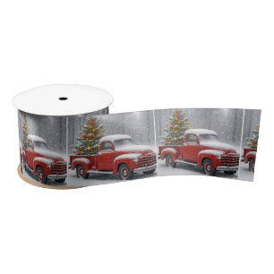 Rode Retro Truck Met Kerstboom Satijnen Lint