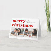 Rode Retro Typografie Vrolijk Kerstfeest Twee Foto Feestdagen Kaart (Voorkant)