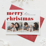 Rode Retro Typografie Vrolijk Kerstfeest Twee Foto Feestdagen Kaart<br><div class="desc">vrolijk kerstfeest! Stuur uw kerstgroeten naar familie en vrienden met deze aanpasbare kerstkaart. Het is een retro-gedurfde typografie. Personaliseer door uw gegevens toe te voegen. Deze kerstkaart is beschikbaar op andere kaarten. Overeenkomende objecten zijn beschikbaar.</div>