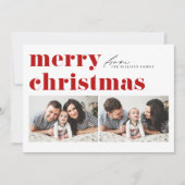 Rode Retro Typografie Vrolijk Kerstfeest Twee Foto Feestdagenkaart (Voorkant)