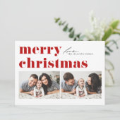 Rode Retro Typografie Vrolijk Kerstfeest Twee Foto Feestdagenkaart (Staand voorkant)