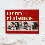 Rode Retro Typografie Vrolijk Kerstfeest Twee Foto Folie Feestdagen Briefkaart<br><div class="desc">vrolijk kerstfeest! Stuur uw kerstgroeten naar familie en vrienden met deze aanpasbare foto Christmas briefkaart. Het is een retro-gedurfde typografie. Personaliseer door uw gegevens toe te voegen. Dit gouden folie kerst briefkaart is verkrijgbaar op andere karton. Overeenkomende objecten zijn beschikbaar.</div>