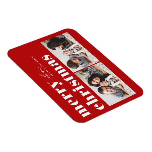 Rode Retro Typografie Vrolijk Kerstfeest Twee Foto Magneet (Rechterzijde)