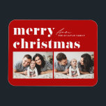 Rode Retro Typografie Vrolijk Kerstfeest Twee Foto Magneet<br><div class="desc">vrolijk kerstfeest! Breng een vleugje vakantiejuichen naar uw huis met onze Photo Christmas Magnet! Perfect voor het weergeven van gekoesterde herinneringen, deze magneet stelt u in staat om het te personaliseren met uw favoriete feestelijke foto, waardoor het een unieke toevoeging is aan uw vakantiedecor. Het is een retro-gedurfde typografie. Personaliseer...</div>