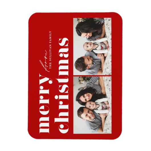 Rode Retro Typografie Vrolijk Kerstfeest Twee Foto Magneet (Verticaal)