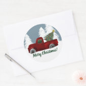 Rode Retro Vrachtwagen en Kerstboom Ronde Sticker (Envelop)
