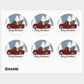 Rode Retro Vrachtwagen en Kerstboom Ronde Sticker (Vel)