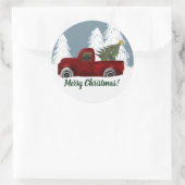 Rode Retro Vrachtwagen en Kerstboom Ronde Sticker (Tas)