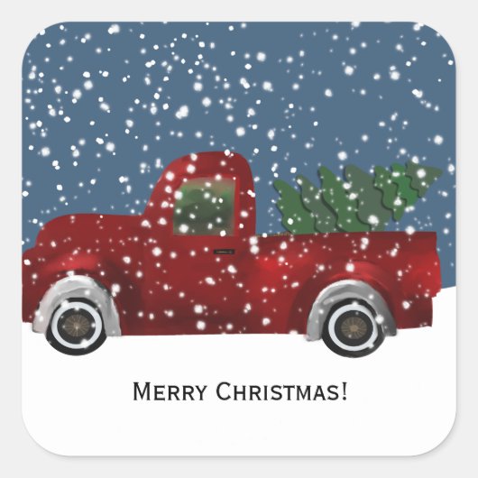 Rode  Retro Vrachtwagen en Kerstboom Vierkante Sticker (Voorkant)