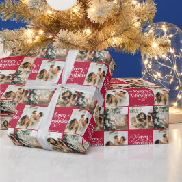 Rode Retro Vrolijk Kerstfeest Familie 3 Fotocollag Cadeaupapier