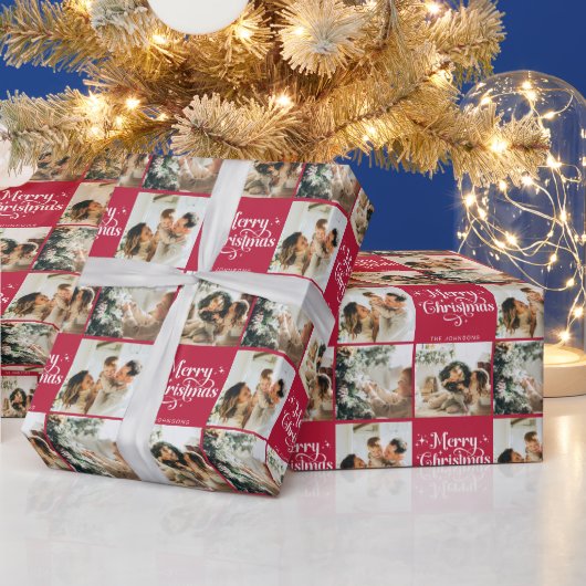 Rode Retro Vrolijk Kerstfeest Familie 3 Fotocollag Cadeaupapier (Feestdagen)
