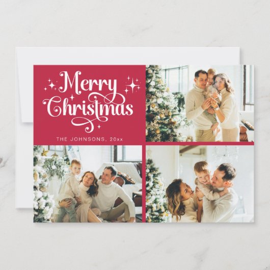 Rode Retro Vrolijk Kerstfeest Familie Fotocollage Feestdagenkaart (Voorkant)