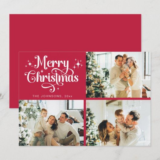 Rode Retro Vrolijk Kerstfeest Familie Fotocollage Feestdagenkaart (Voorkant / Achterkant)