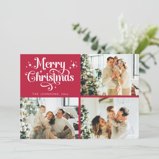 Rode Retro Vrolijk Kerstfeest Familie Fotocollage Feestdagenkaart (Staand voorkant)