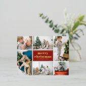 Rode Retro Vrolijk Kerstfeest Fotocollage Folie Feestdagen Briefkaart (Staand Voorkant)