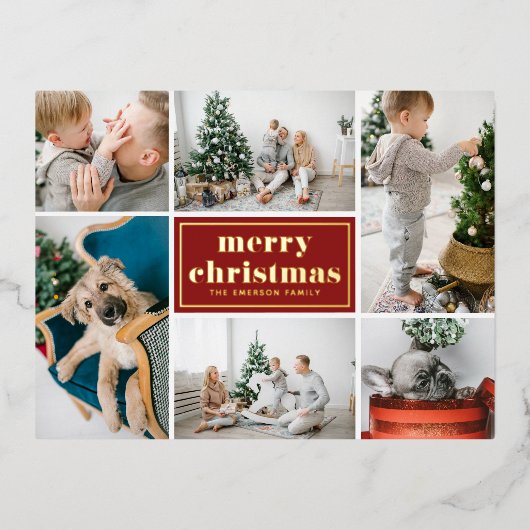 Rode Retro Vrolijk Kerstfeest Fotocollage Folie Feestdagen Briefkaart (Voorkant)