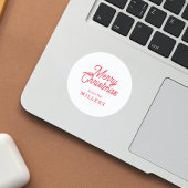 RODE RETRO VROLIJKE KERSTTYPOGRAFIE OP WIT RONDE STICKER