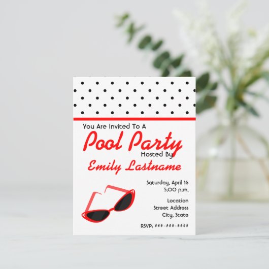 Rode Retro zonnebril/pokdots Pool Party Kaart (Staand voorkant)
