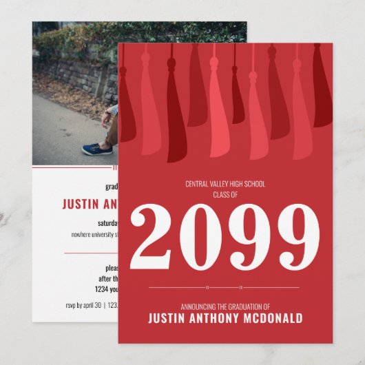 Rode rij Tassels Foto Afstuderen Invitation Kaart (Voorkant / Achterkant)