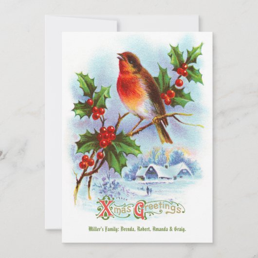 Rode Robin Kerst Holly  Groet Tekst Kaart (Voorkant)