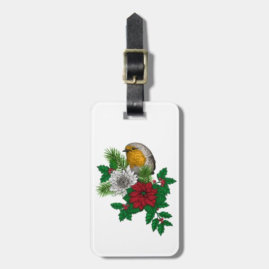 Rode robin op kerstversiering bagagelabel (Voorkant verticaal)