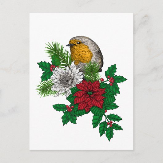 Rode robin op kerstversiering briefkaart (Voorkant)