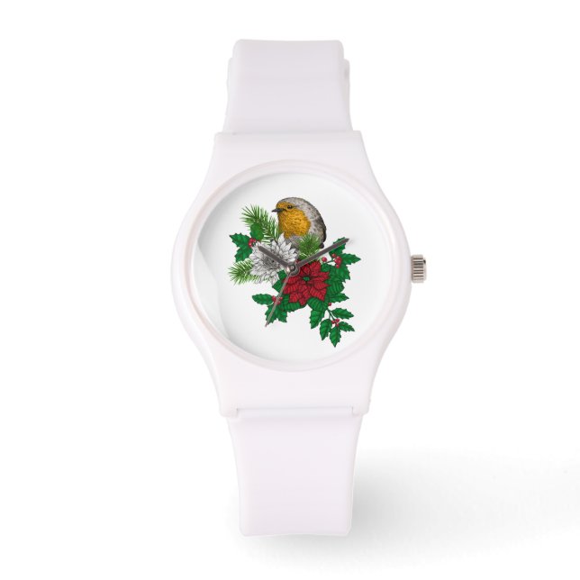 Rode robin op kerstversiering horloge (Voorkant)