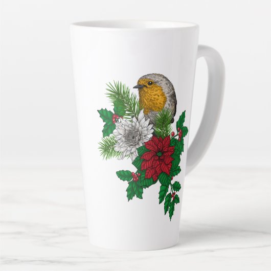 Rode robin op kerstversiering latte mok (Rechterhoek)