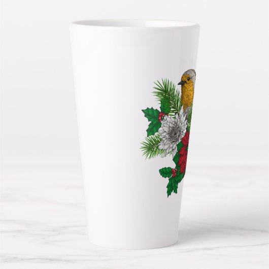 Rode robin op kerstversiering latte mok (Voorkant)