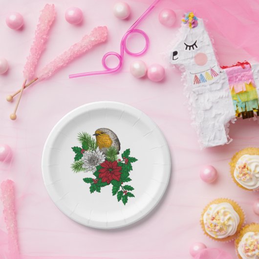 Rode robin op kerstversiering papieren bordje (Feest)