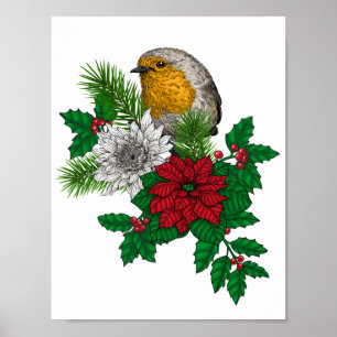Rode robin op kerstversiering poster