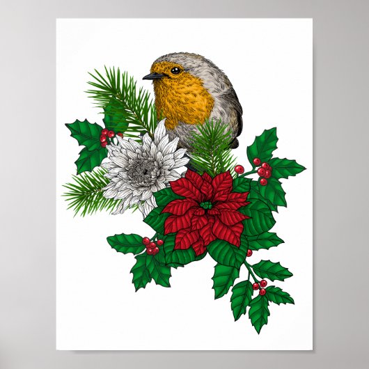 Rode robin op kerstversiering poster (Voorkant)