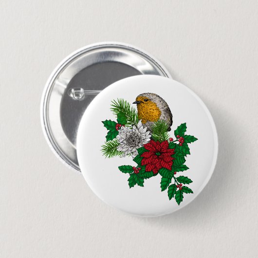 Rode robin op kerstversiering ronde button 5,7 cm (Voorkant /achterkant)