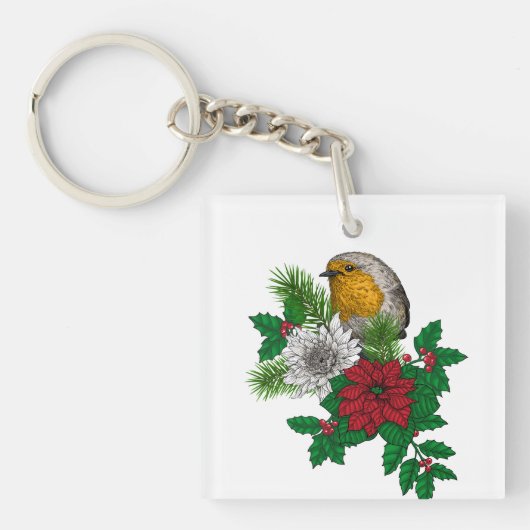 Rode robin op kerstversiering sleutelhanger (Voorkant)