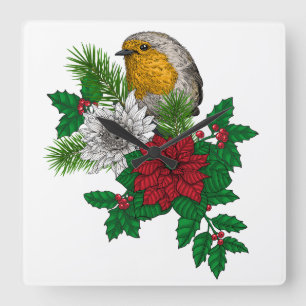 Rode robin op kerstversiering vierkante klok