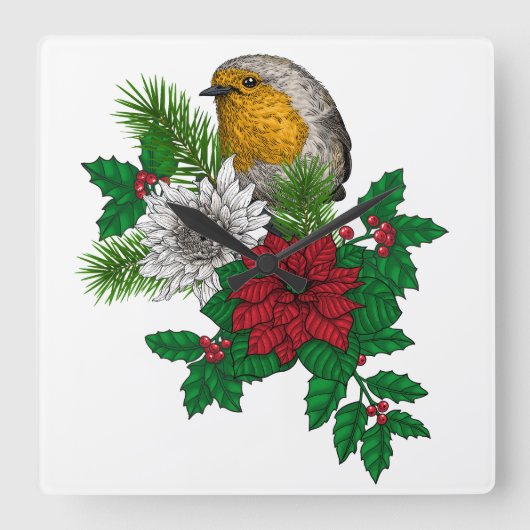 Rode robin op kerstversiering vierkante klok (Voorkant)