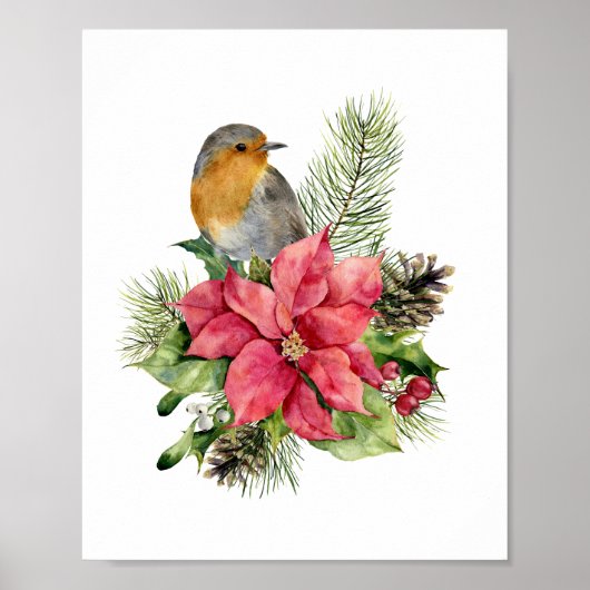 Rode robin, Poinsettia, pijnhout, heilige kerst Poster (Voorkant)