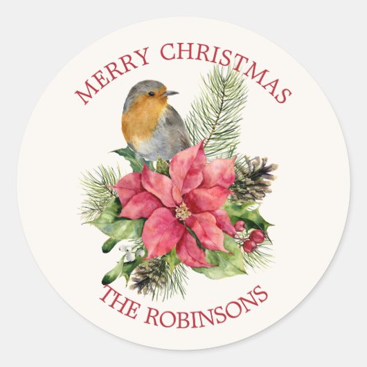 Rode robin, Poinsettia, pijnhout, heilige kerst Ronde Sticker (Voorkant)