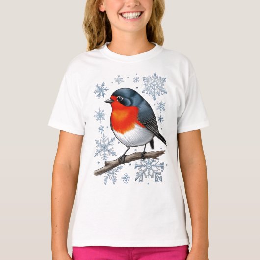 Rode Robin Vogel met Sneeuwvlokken T-shirt (Voorkant)