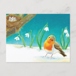 Rode Robin & Vroege Lente Sneeuwklokjes Illustrati Briefkaart