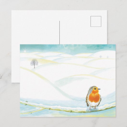 Rode Robin & Witte Winter Landschapsillustratie Feestdagenkaart (Voorkant / Achterkant)