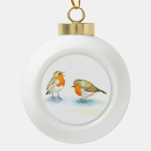 Rode Robins in de winter Keramische Bal Ornament (Voorkant)