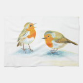 Rode Robins in de winter Theedoek (Horizontaal)