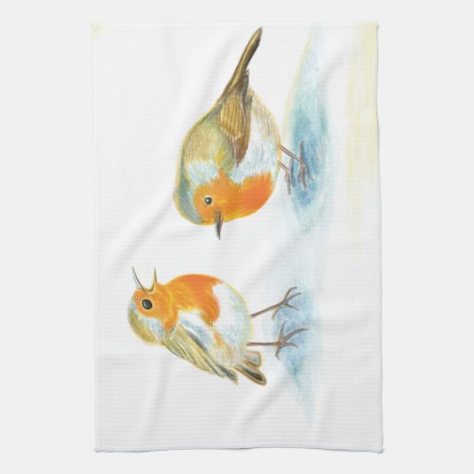 Rode Robins in de winter Theedoek (Verticaal)