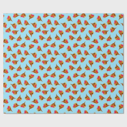 Rode robins met kerstavaar blauw cadeaupapier (Vlak)